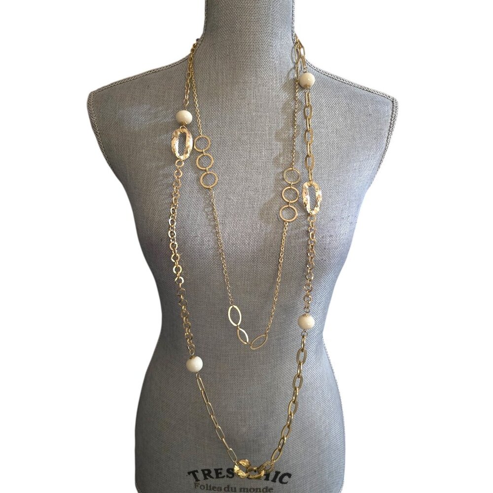 Women's Gold Plated Brass Beige Glass Double Layered Long Necklace NWOT